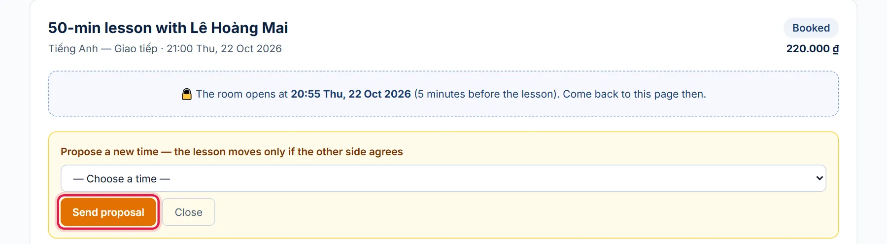 Propose a new time panel, red box around the Send proposal button