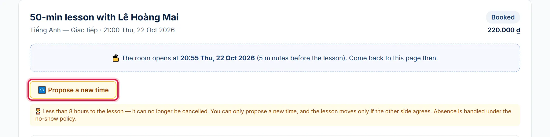 Lesson page with less than 8 hours to go, red box around the Propose a new time button