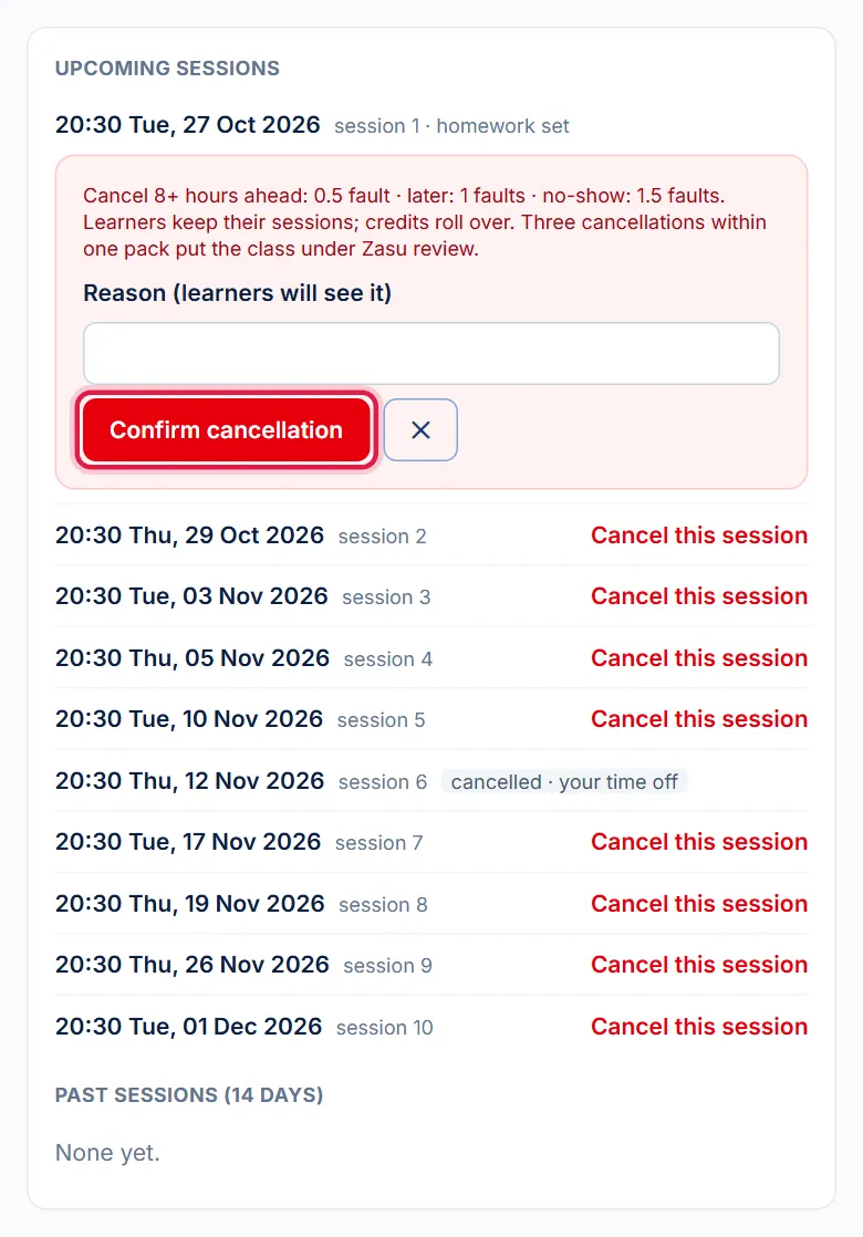 Form to cancel one group session showing the fault level, red box on the Confirm cancellation button
