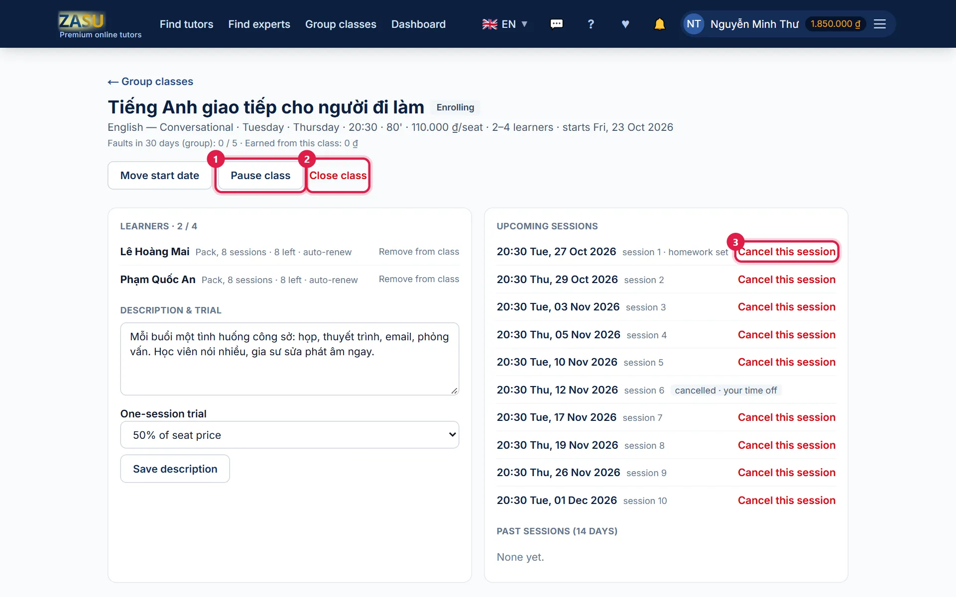Group class management page, numbered 1 Pause class, 2 Close class, 3 Cancel this session