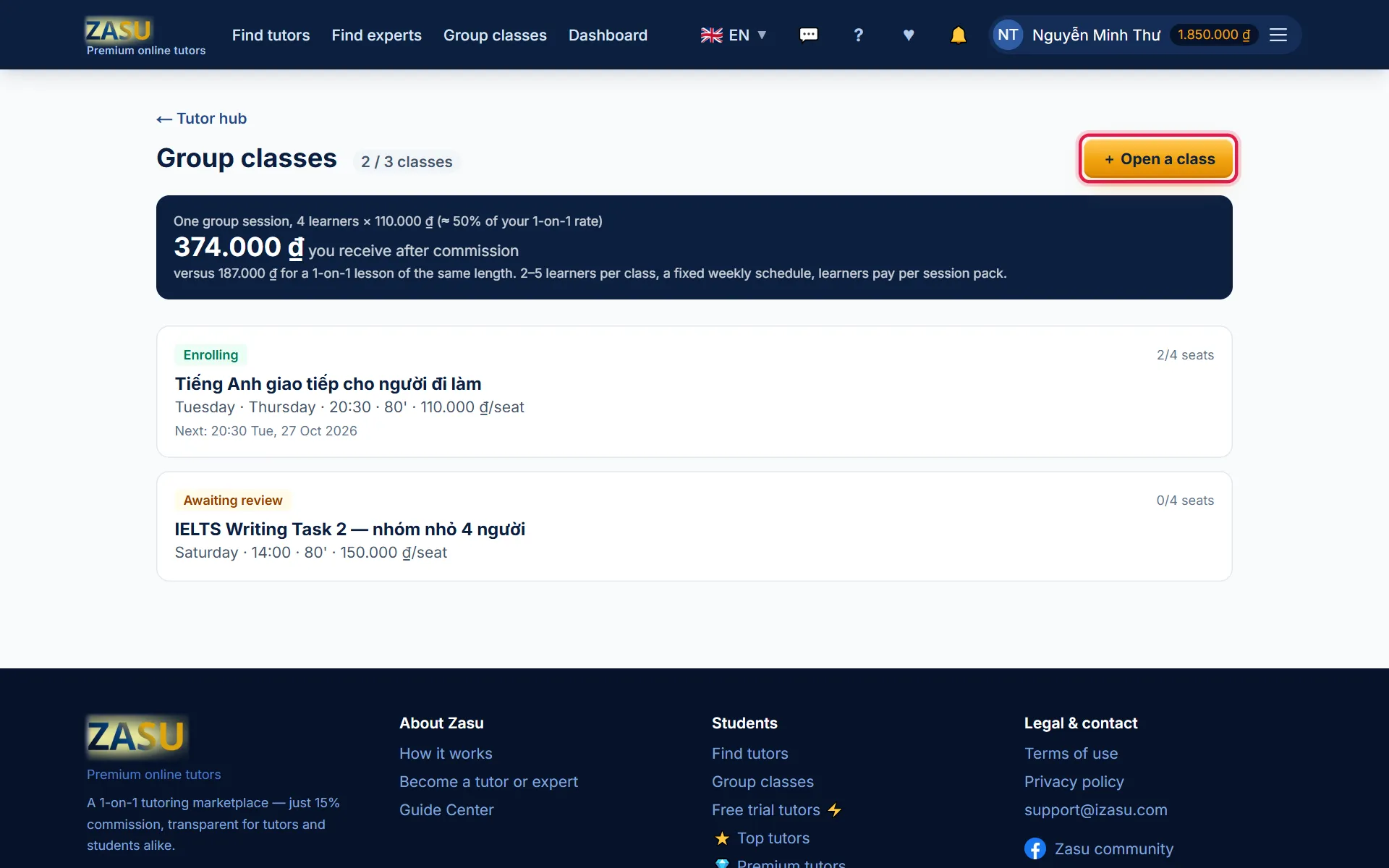 The tutor's Group classes page, red box on the Open a group class button