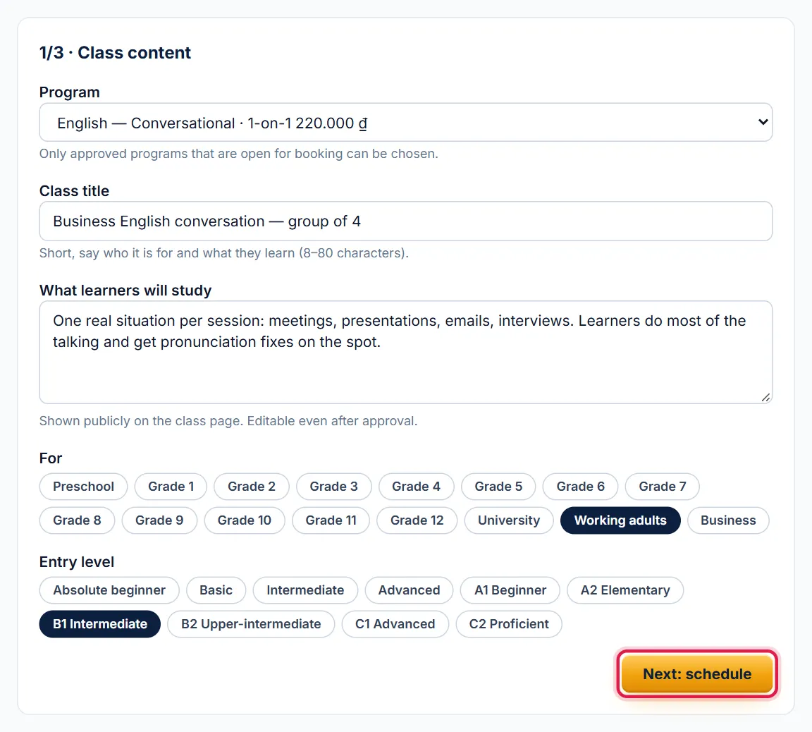 Step 1/3 Class content with title and description filled in, red box on the Next: schedule button