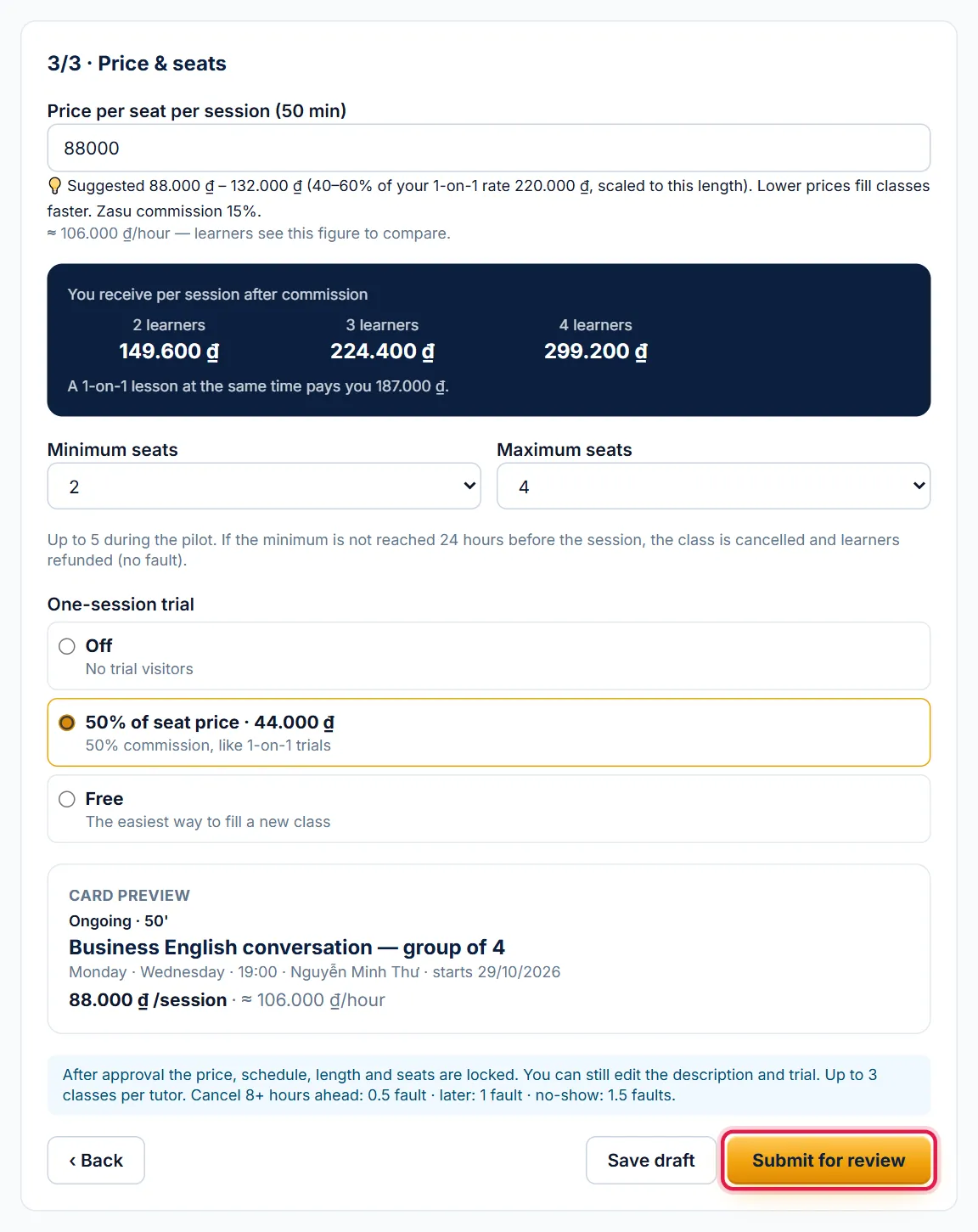 Step 3/3 Price & seats with the You receive per session table, red box on the Submit for review button