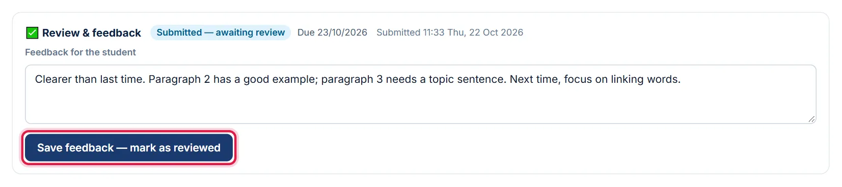 Review and feedback section with feedback typed in, red box around the Save feedback button