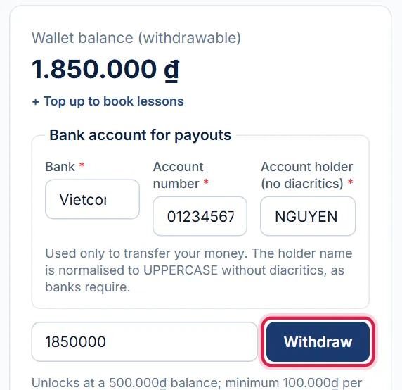 Wallet balance card with the Bank account for payouts form, red box on the Withdraw button