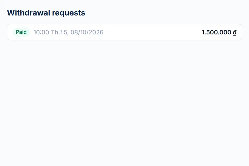 Withdrawal requests table with one paid request