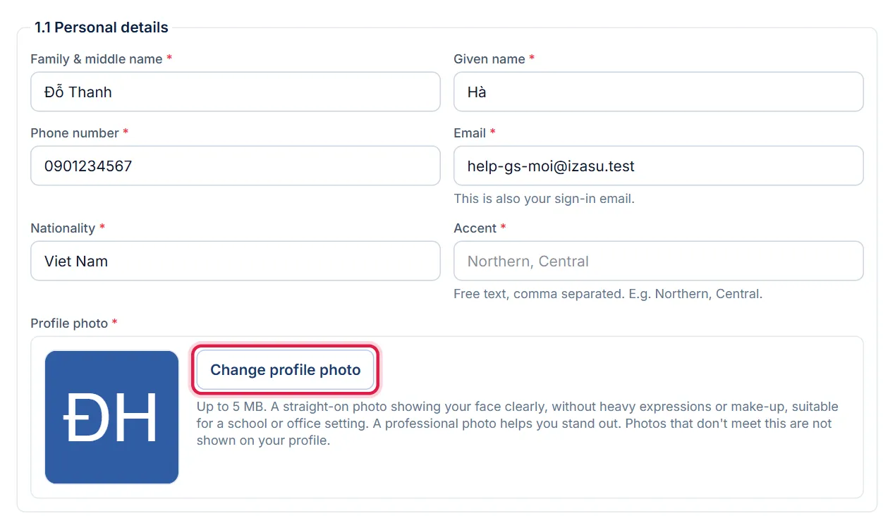 Section 1.1 Personal details, red box around the Change profile photo button