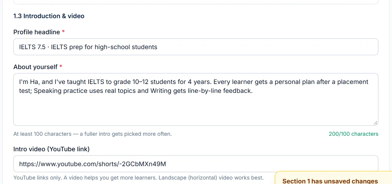 Section 1.3 Introduction & video with a sample headline and introduction filled in