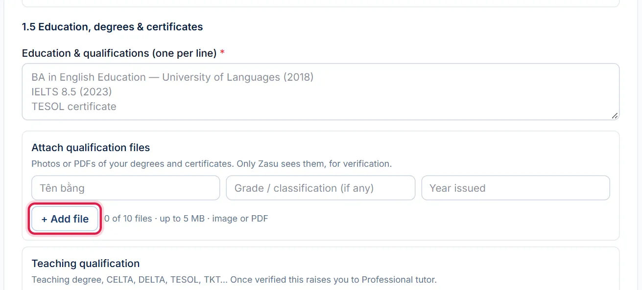 Section 1.5 Education, degrees and certificates, red box around the + Add file button