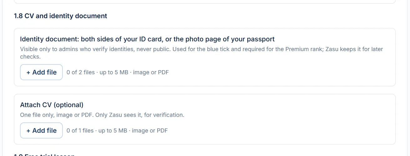 Section 1.8 CV and identity document with the ID card or passport upload box