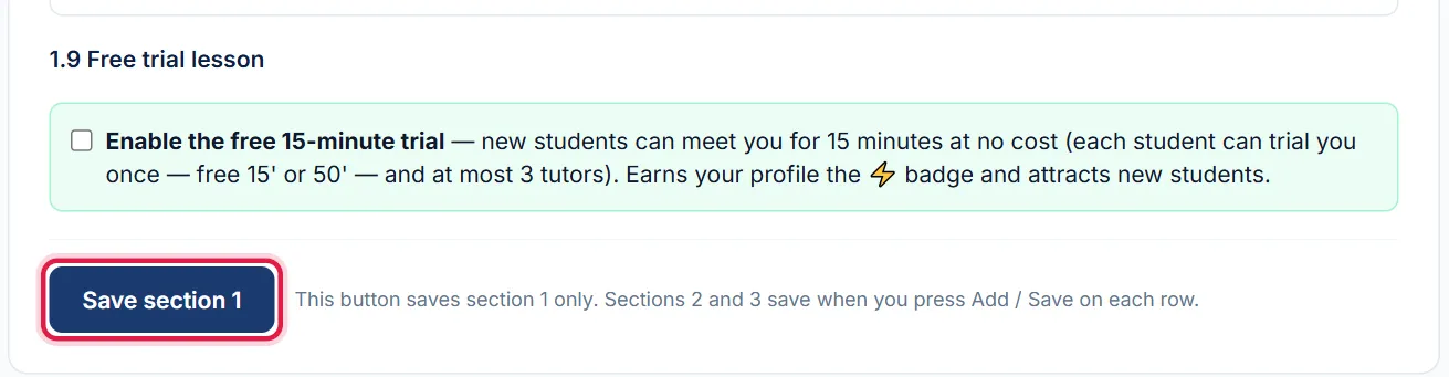 Section 1.9 Free trial lesson with the Save section 1 button highlighted