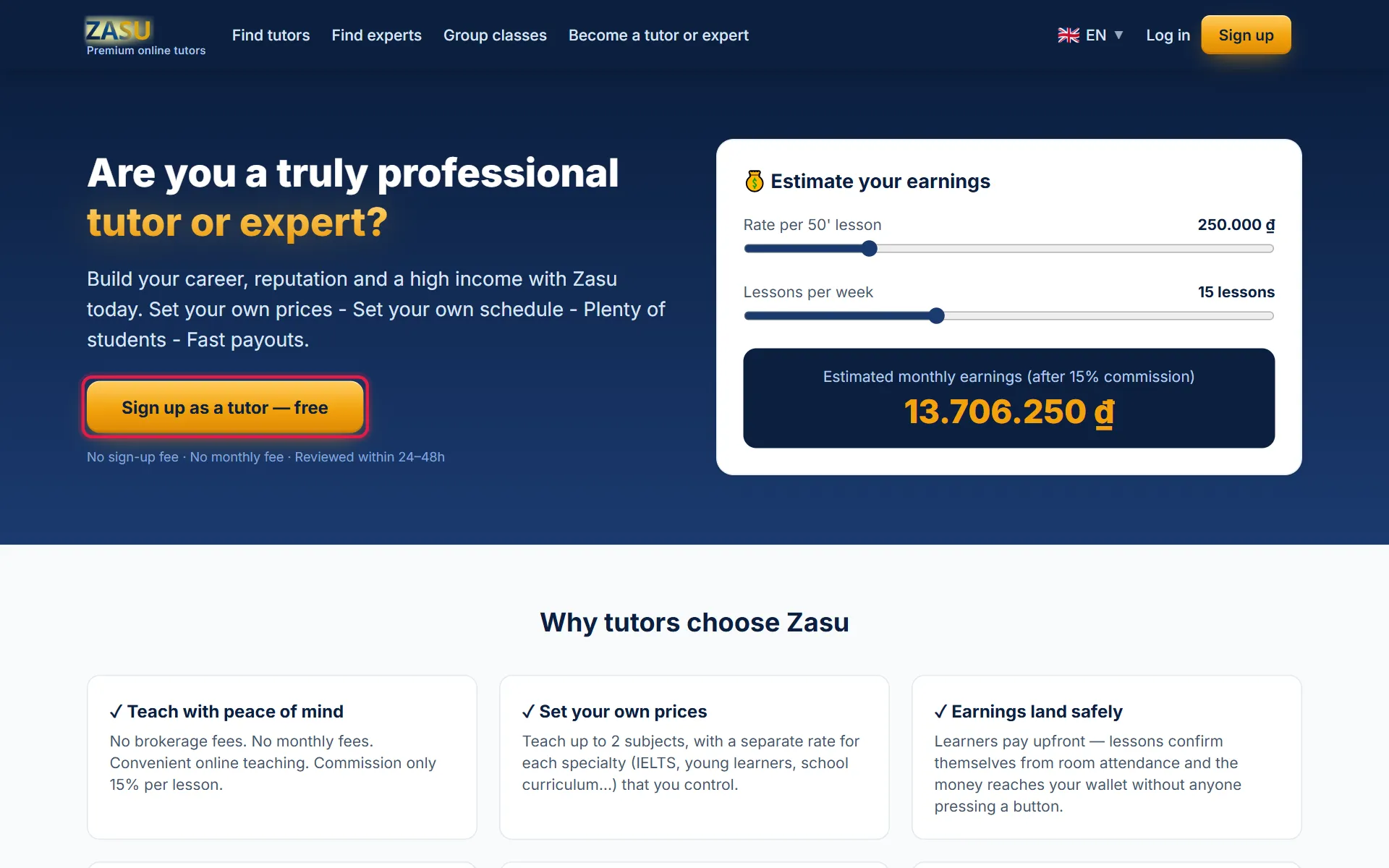Become a tutor or expert page, red box around the Sign up as a tutor — free button