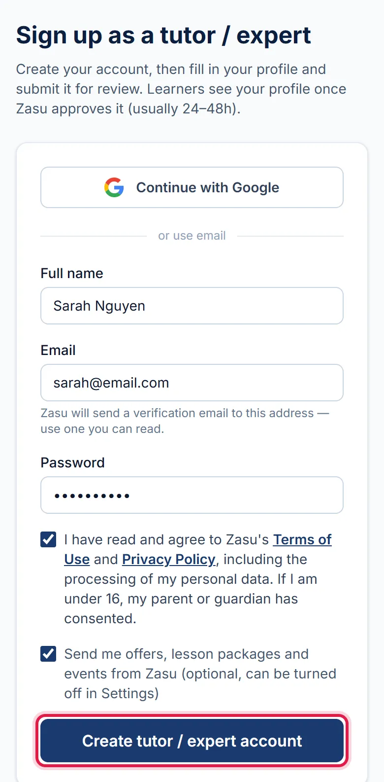 Tutor / Expert sign-up form on a phone, red box around the Create account button