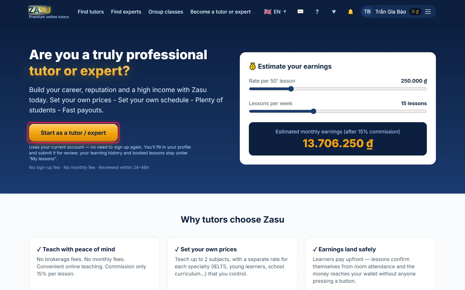 Become a tutor page while logged in with a learner account, red box around the Start as a tutor / expert button