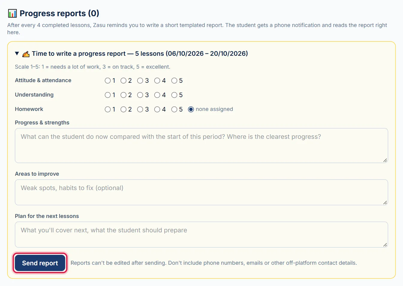 Write progress report form in the Learning journal, red box around the Send report button