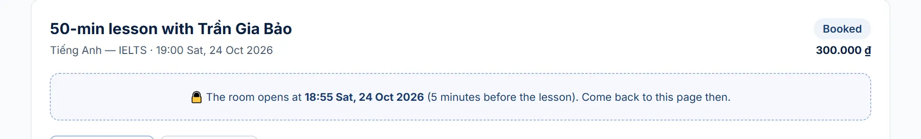 Lesson page before start time: the room opens 5 minutes before the lesson