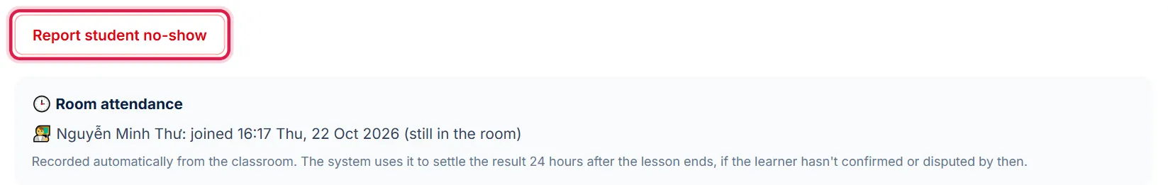 Report student no-show button and the Room attendance section showing the tutor in the room