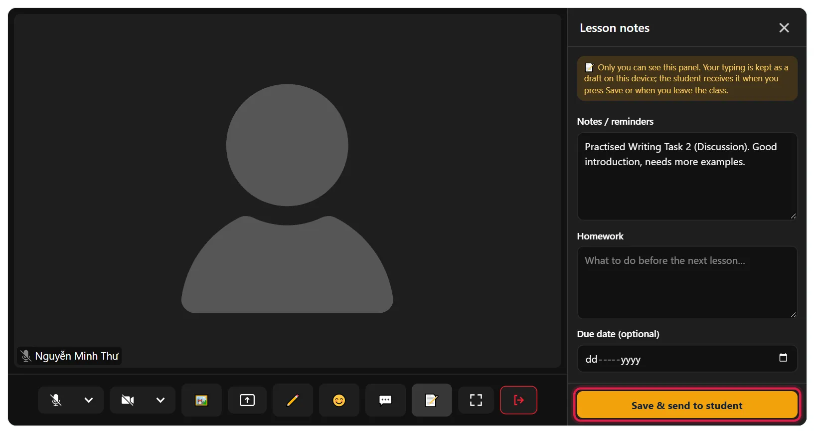 Lesson notes panel on the right of the classroom, red box around the Save & send to student button