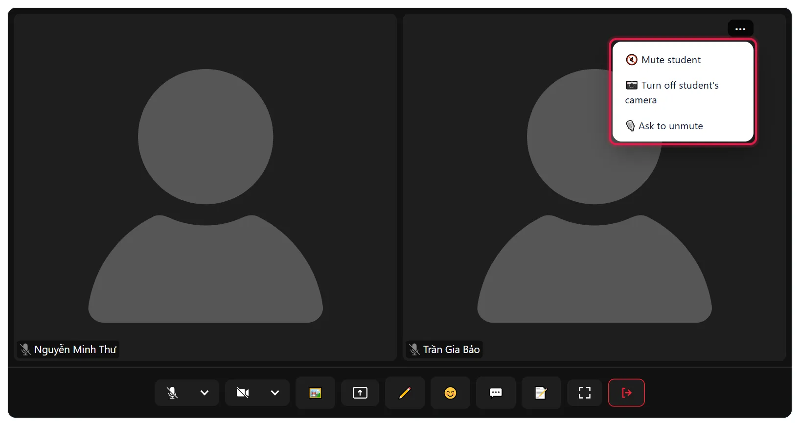 Learner control menu with Mute, Turn off camera and Ask to unmute