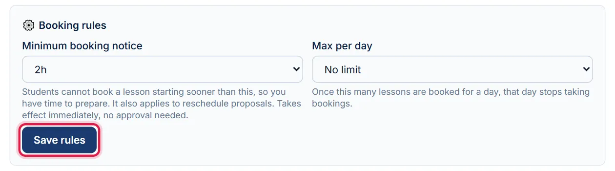Booking rules block, red box around the Save rules button
