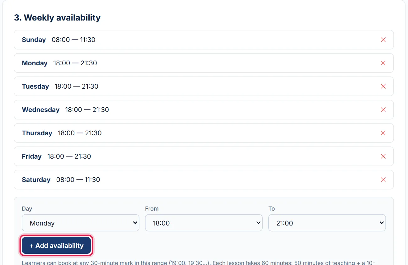 Section 3 Weekly availability with time ranges added, red box around the + Add availability button