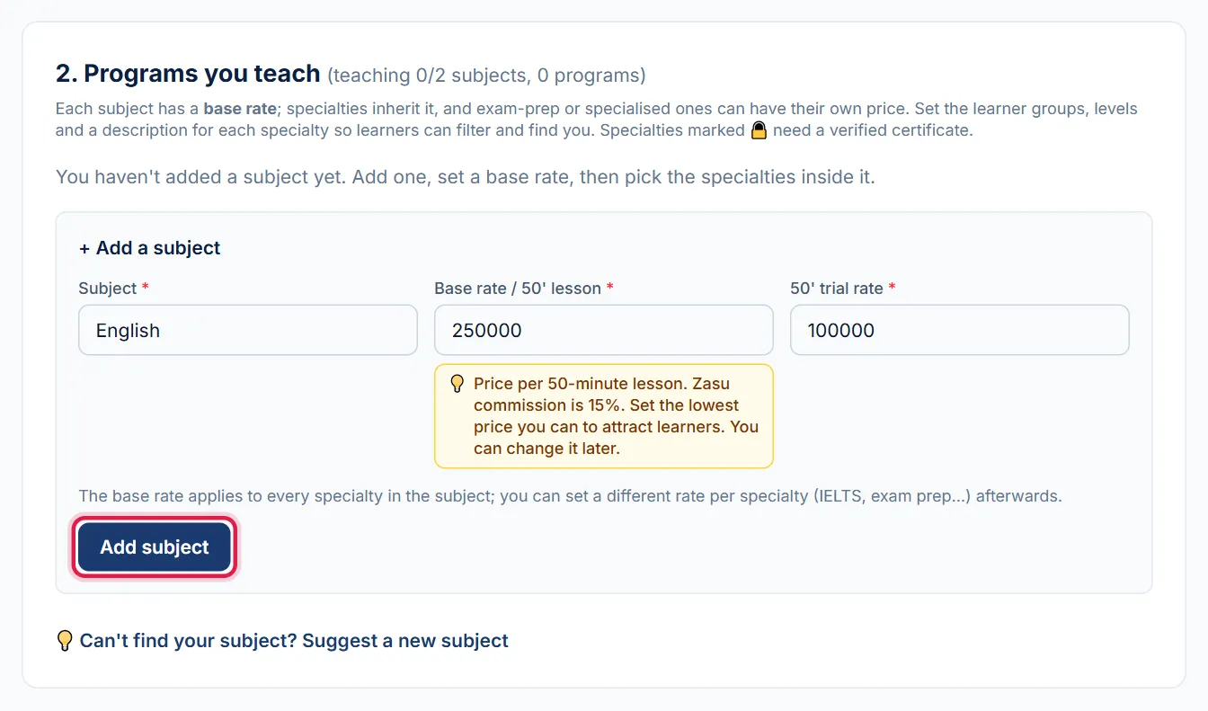 Section 2 Programs you teach with the Add a subject box set to English and rates entered, red box around the Add subject button