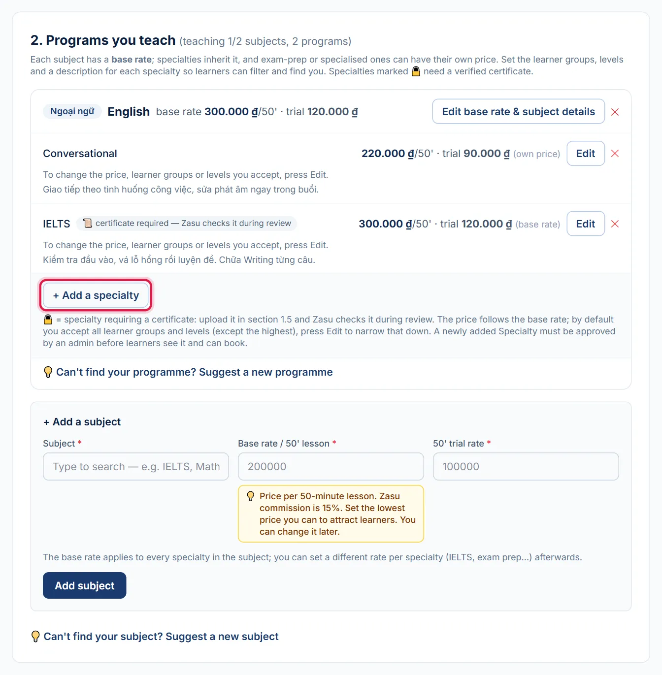 English subject with two programs, IELTS and Conversation, red box around the + Add a specialty button