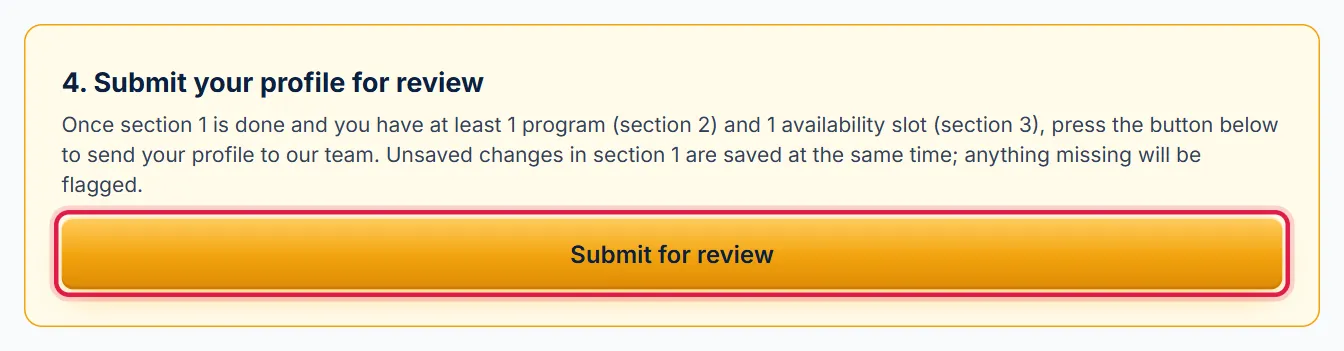 Section 4 Submit your profile for review, red box around the Submit for review button
