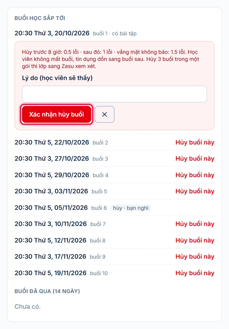 Form hủy một buổi lớp nhóm có ghi mức lỗi, khung đỏ ở nút Xác nhận hủy buổi
