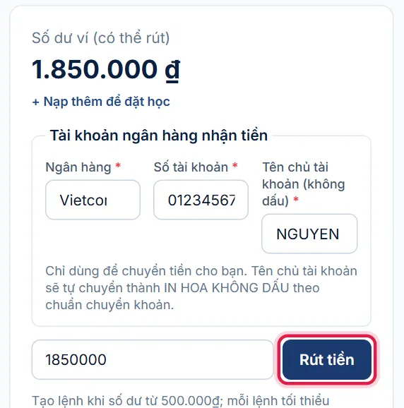 Ô Số dư ví với form Tài khoản ngân hàng nhận tiền, khung đỏ ở nút Rút tiền