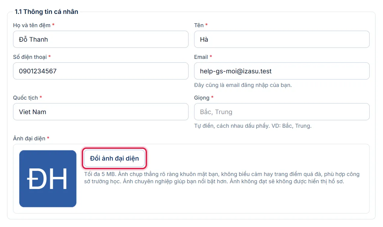 Mục 1.1 Thông tin cá nhân, khung đỏ ở nút Đổi ảnh đại diện