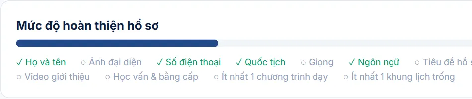 Thanh Mức độ hoàn thiện hồ sơ với 11 mục bắt buộc