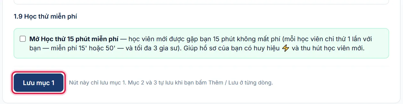 Mục 1.9 Học thử miễn phí và nút Lưu mục 1 được đánh dấu