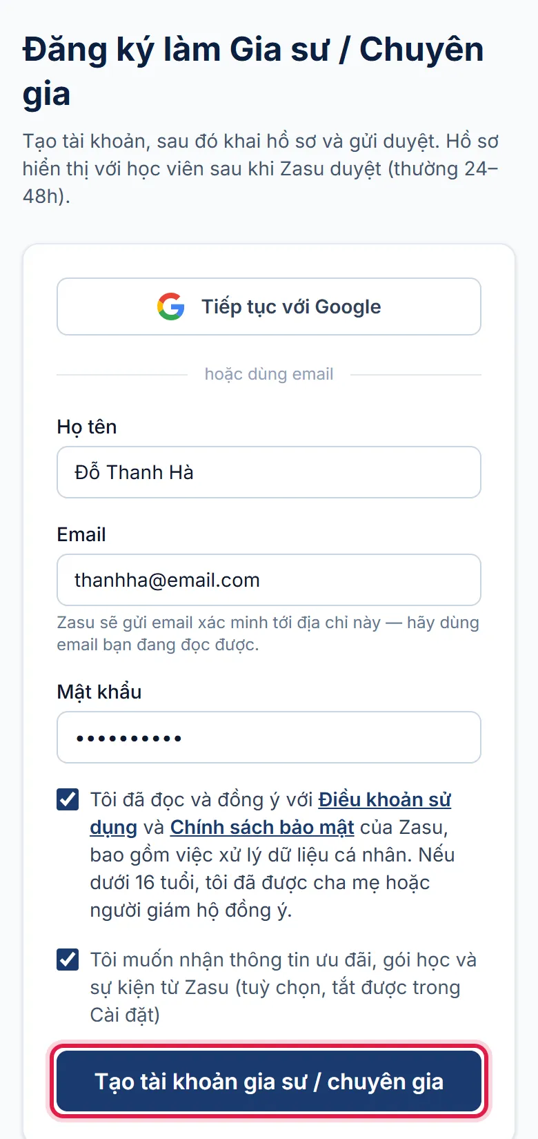 Form Đăng ký làm Gia sư / Chuyên gia trên điện thoại, khung đỏ ở nút Tạo tài khoản