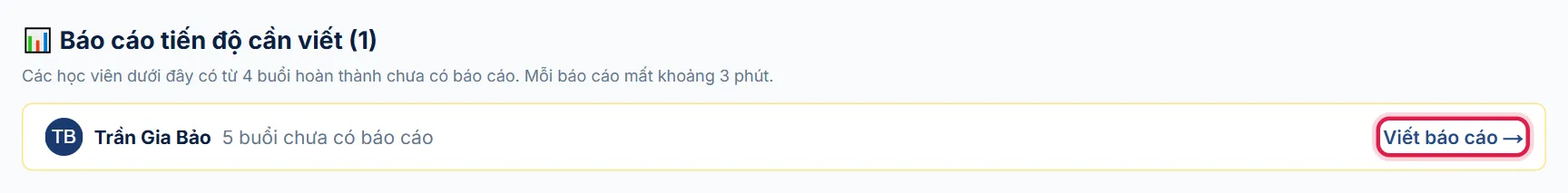 Bảng Báo cáo tiến độ cần viết, khung đỏ ở nút Viết báo cáo