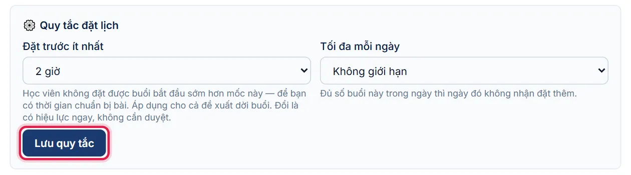 Khối Quy tắc đặt lịch, khung đỏ ở nút Lưu quy tắc